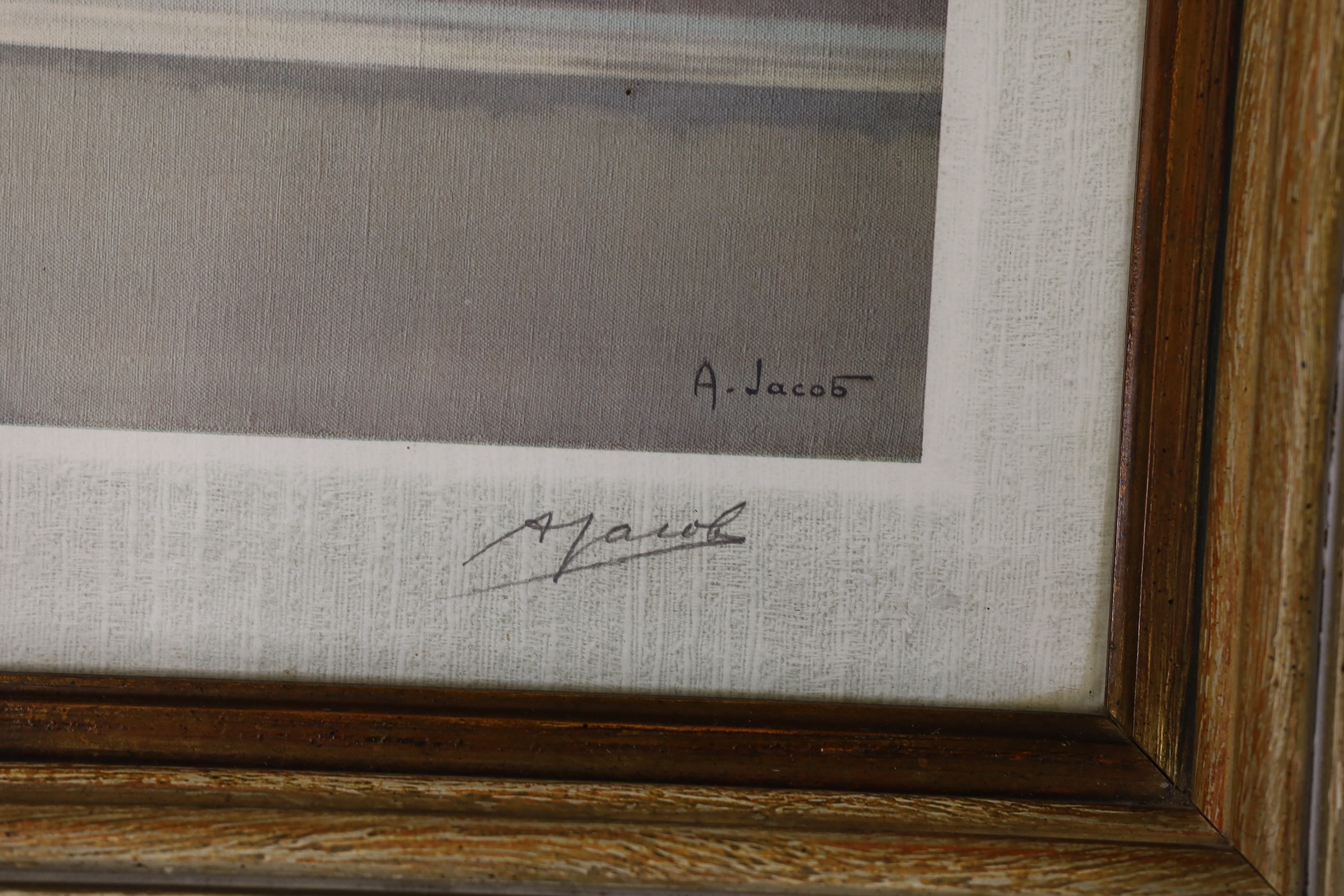 Alexandre Jacob, colour print, Lake scene, signed in the margin, published by Frost and Reed, 66 x 84cm